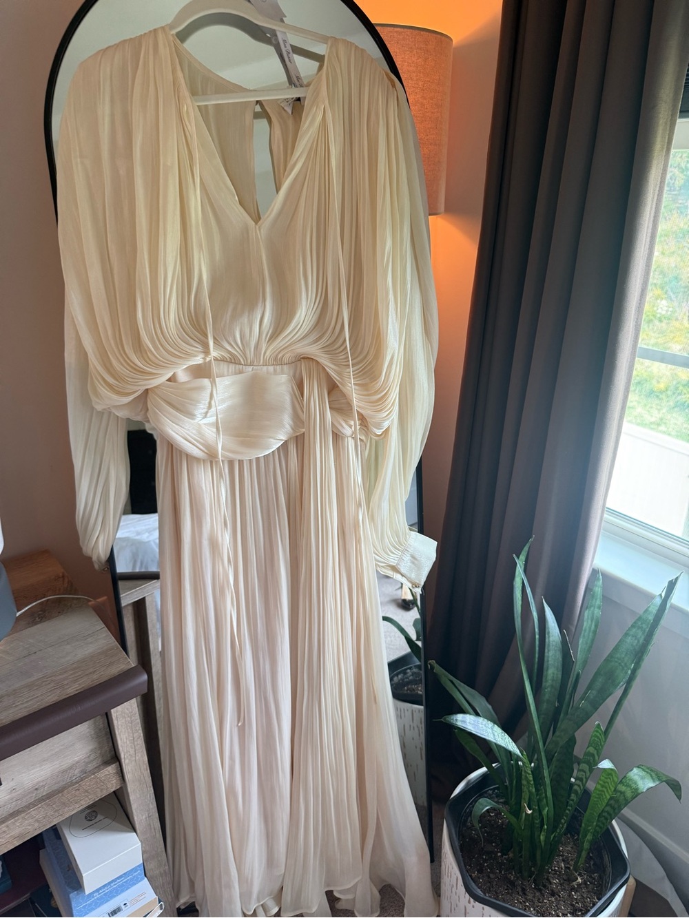 Ivory Pleated Maxi Dress with Draped Waist